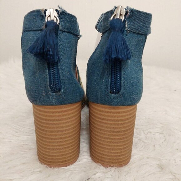 Dolce Mojo Moxy Denim Floral Boho Embroidered Heeled Sandals Shoes Open Toe 10M - Picture 7 of 10
